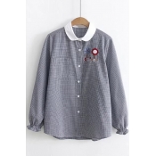Girlish Lapel Button Down Embroidery Elastic Cuffs Chest Pocket Loose Casual Shirt