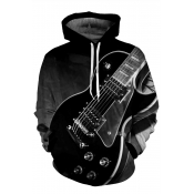 Retro Guitar Printed Long Sleeves Pullover Monochrome Loose Hoodie with Pocket