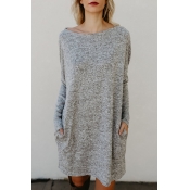 Winter Fashion Boat Neck Long Sleeves Plain Double Pockets Pullover Knitted Dress
