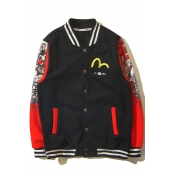 Fancy Color Block Buddha Letter Printed Button Down Pockets Long Sleeves Baseball Jacket