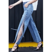 Fancy Split Side Lace-up Button Fly Wide Leg Stylish Light Wash Jeans with Pockets