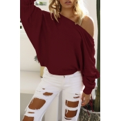 Women's Fashion One Shoulder Long Sleeves Plain Bow Cuffs Loose Sweater