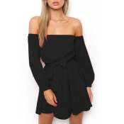 Fashionable Off the Shoulder Long Sleeves Bow Tie Belted Ruffle Hem Mini A-line Dress