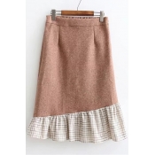 Fashionable Color Block Gingham Plaids Elastic Waist Midi Flared Skirt