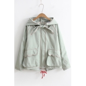 Childish Bow Tie Zippered Plain Hooded Long Sleeves Coat with Flap-Pockets