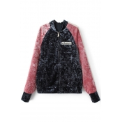 Letter Embroidered Color Block Raglan Sleeve Stand-Up Collar Jacket