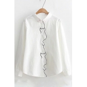 Casual Cat Shaped Embroidery Point Collar Long Sleeves Button Down Shirt