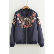 Chic Floral Embroidered Stand-Up Collar Long Sleeve Zipper Jacket