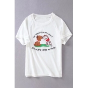 Cute Cartoon Cat Dog Letter Embroidered Round Neck Short Sleeve Graphic Tee