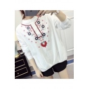 Casual Floral Embroidered High Neck Long Sleeves Linen Loose Peasant Blouse with Buttons
