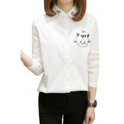 Fashionable Cartoon Cat Embroidered Lapel Single Breasted Long Sleeve Shirt