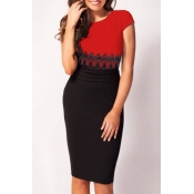 Chic Lace Insert Color Block Print Round Neck Short Sleeve Bodycon Dress