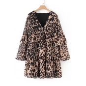 Trendy Leopard Panther Pattern V-Neck Bell Layered Sleeves Layered Tiered Smock Mini Dress