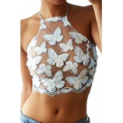 Hot Fashion Sexy Sheer Butterfly Pattern Halter Cropped Tee