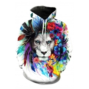 Trendy Floral Lion Printed Long Sleeves Pullover Loose Unisex Hoodie