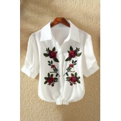 Hot Fashion Floral Embroidered Short Sleeves Lapel Button Bow Tie-Front Cropped Shirt