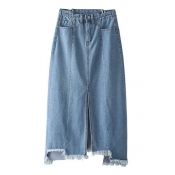 New Trendy Zip Fly Plain Asymmetric Frayed Hem Split Front Denim Skirt