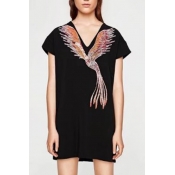 Embroidery Bird Pattern V-Neck Short Sleeve Dress