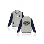 Street Style Letter Wing Star Sun Printed Button Down Color Block Unisex Baseball Jacket