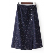 Trendy Polka Dotted Drawstring Waist Wrap Midi Skirt with Buttons