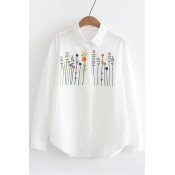 Stylish Floral Embroidered Point Collar Long Sleeves Button Down Loose Shirt