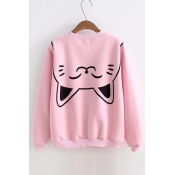 Cartoon Cat Print Long Sleeve Round Neck Pullover Sweatshirt