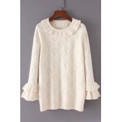 Girlish Round Neck Ruffle Trimmed Diamond Pattern Ribbed Knitted Pullover Sweater