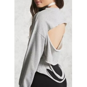 Cool Cutout Hollow Back Ripped Detail Round Neck Long Sleeves Cropped Sweatshirt