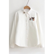 Embroidery Fox Letter Pattern Long Sleeve Lapel Shirt