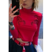Chic Lobster Printed High Neck Long Sleeves Slim-Fit Pullover Cropped Tee