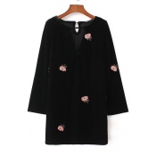 Trendy Floral Embroidered Round Neck Long Sleeve Dress