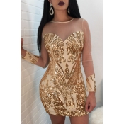 Party Style Patchwork Mesh Sleeves Round Neck Sequined Mini Bodycon Dress
