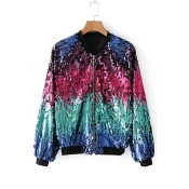 New Fashion Sequined Color Block Long Sleeve Zip Up Stand-Up Collar Jacket