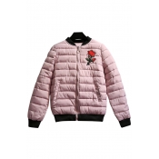 Women's Fashion Floral Embroidery Quilted Long Sleeves Zippered Coat with Pockets