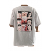 Unique Graffiti Japanese Character Comic Cartoon Printed Round Neck Half Sleeves T-shirt