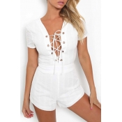 Women's Sexy Short Sleeves Plunge Neck Strappy Back Slim-Fit Rompers