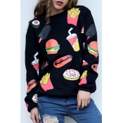 Fashion Food Drink Print Long Sleeve Round Neck Pullover Sweatshirt