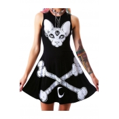 Cool Cat Bone Moon Pattern Round Neck Sleeveless Tank Mini A-line Dress