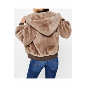 Stylish Plain Faux Fur Long Sleeve Hooded Zipper Coat