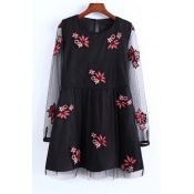 Chic Floral Embroidered Sheer Long Sleeve Round Neck Dress