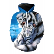 Cute White Tiger Printed Long Sleeves Pullover Casual Hoodie with Pocket
