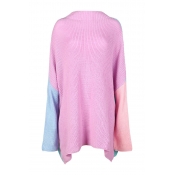 Simple Color Block High Neck Dropped Long Sleeve Loose Pullover Sweater