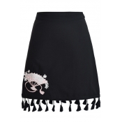 Girlish Tassel Hem Fan Embroidered Zip-Side A-line Mini Skirt