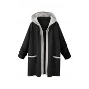 Color Block Fake Two-Piece Long Sleeve Loose Tunic Hooded Coat