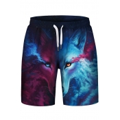 Fashionable Contrast Wolf Print Drawstring Waist Sports Shorts