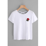 Chic Floral Embroidery Cross Back Short Sleeves Casual Tee