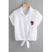 Women's Fashion Floral Embroidered Lapel Button Front Bow Detail Shirt