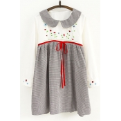Cute Fashion Gingham Plaids Peter Pan Collar Floral Embroidery Bow Waist Mini Smock Dress