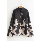 Fancy Crane Bird Floral Pattern Wide Sleeves Point Collar Button Down Shirt