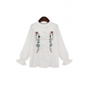 Spring's New Arrival Floral Embroidered Round Neck Long Sleeve Single Breasted Shirt
